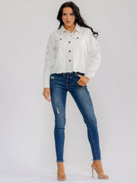 WOMEN'S LONG DISTRESS SLEEVE BUTTON CLOSURE BACK EMBROIDERY DENIM JACKET