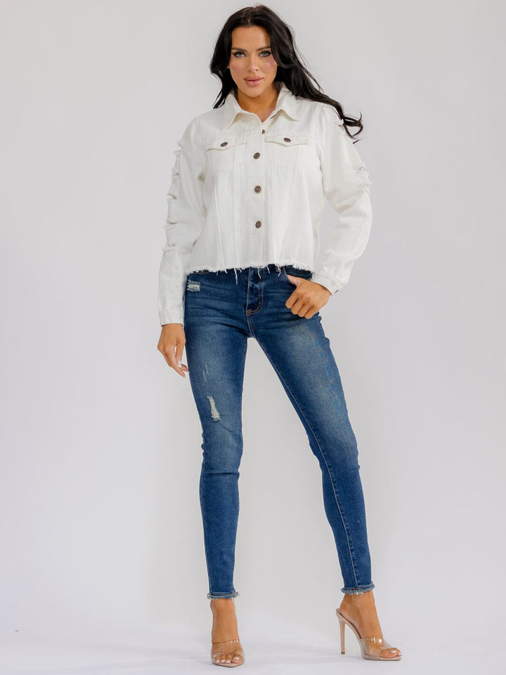 WOMEN'S LONG DISTRESS SLEEVE BUTTON CLOSURE BACK EMBROIDERY DENIM JACKET