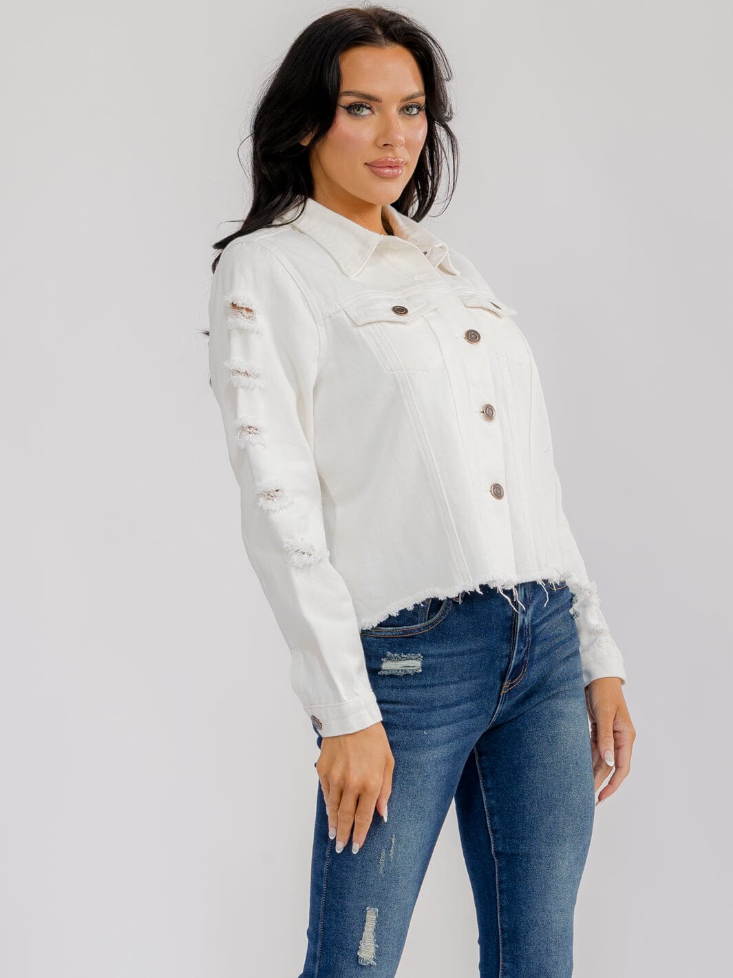 WOMEN'S LONG DISTRESS SLEEVE BUTTON CLOSURE BACK EMBROIDERY DENIM JACKET