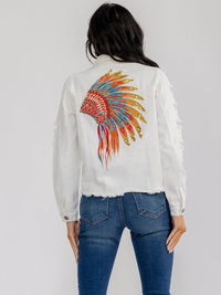 WOMEN'S LONG DISTRESS SLEEVE BUTTON CLOSURE BACK EMBROIDERY DENIM JACKET