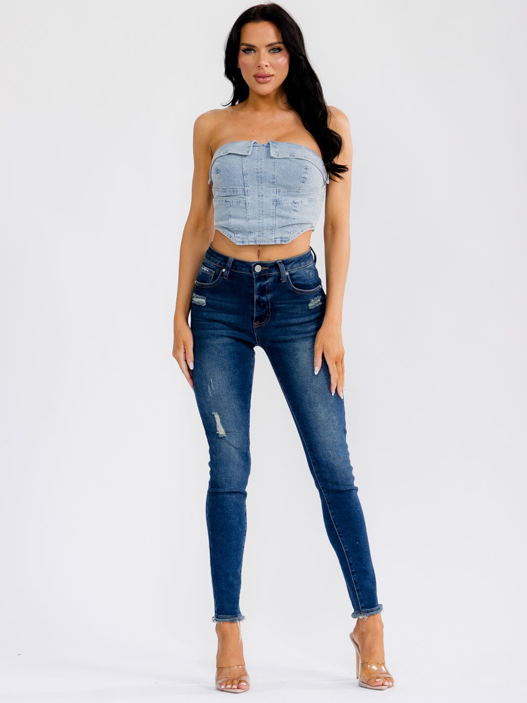 WOMEN'S SLEEVELESS SMOCK WASHED DENIM CROP TOP