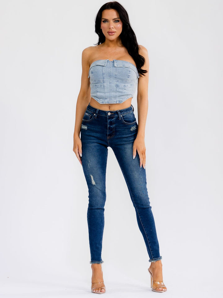 WOMEN'S SLEEVELESS SMOCK WASHED DENIM CROP TOP