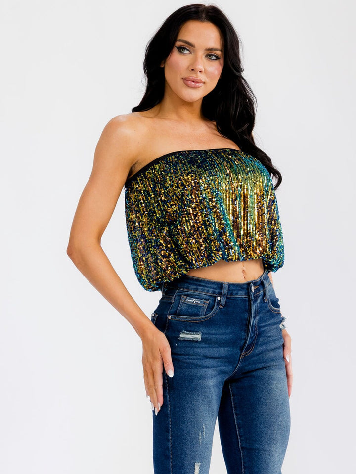 WOMEN'S SLEEVELESS SEQUINS TUBE CROP TOP