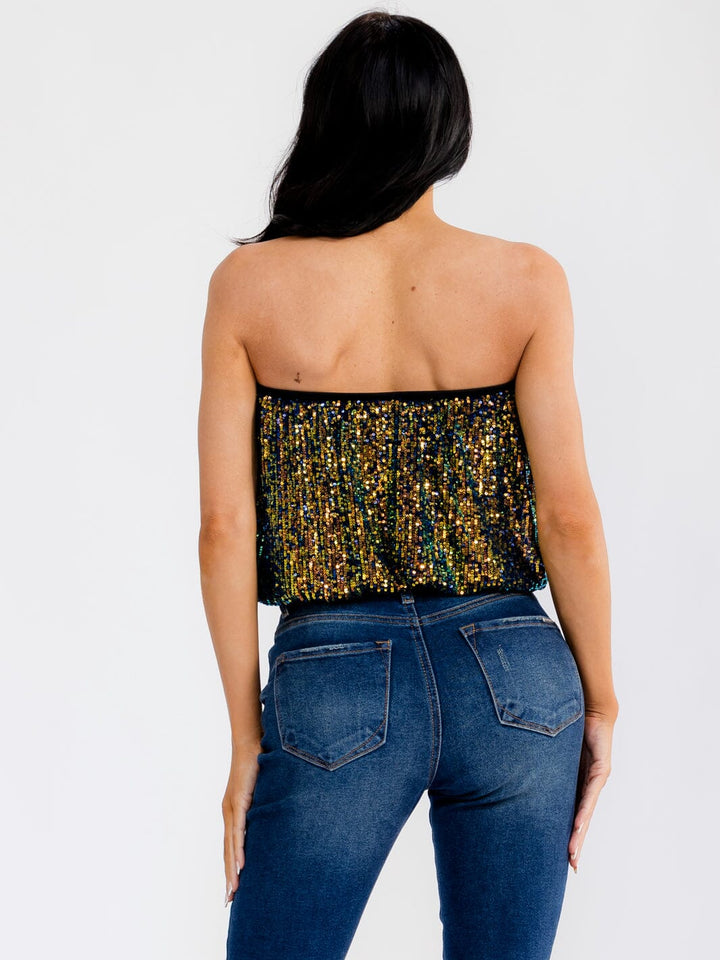WOMEN'S SLEEVELESS SEQUINS TUBE CROP TOP