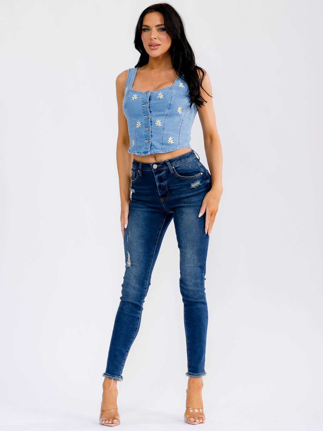 WOMEN'S SLEEVELESS BUTTON UP FLOWER DENIM TOP