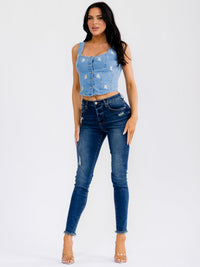 WOMEN'S SLEEVELESS BUTTON UP FLOWER DENIM TOP