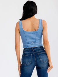 WOMEN'S SLEEVELESS BUTTON UP FLOWER DENIM TOP