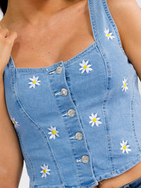 WOMEN'S SLEEVELESS BUTTON UP FLOWER DENIM TOP