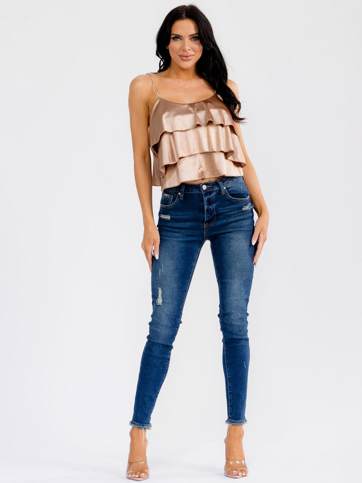WOMEN'S SLEEVELESS SELF TIE RUFFLE TIERED TOP