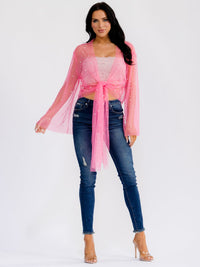 WOMEN'S LONG BELL SLEEVE OPEN FRONT PEARL DETAILED MESH CARDIGAN