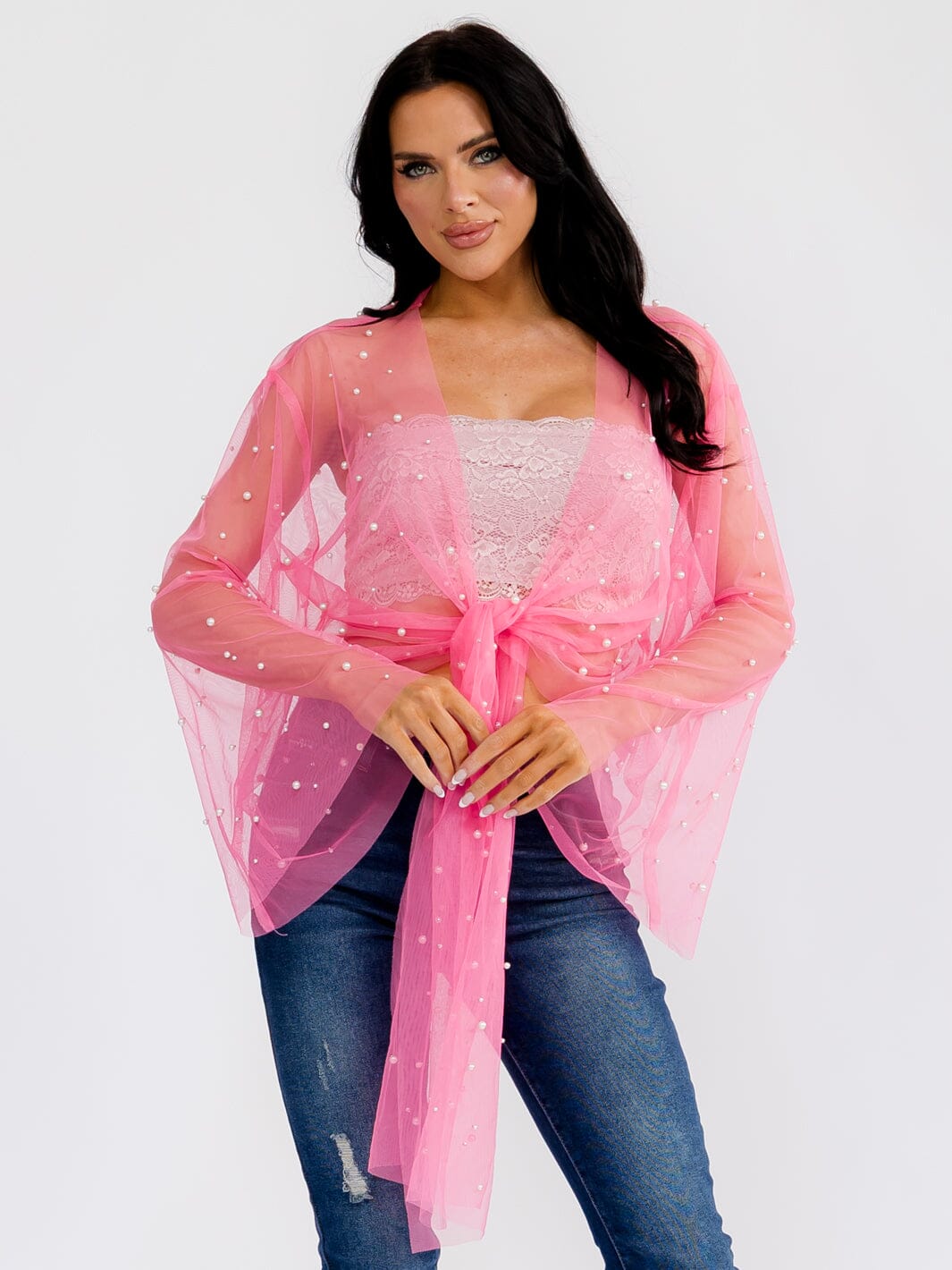 WOMEN'S LONG BELL SLEEVE OPEN FRONT PEARL DETAILED MESH CARDIGAN