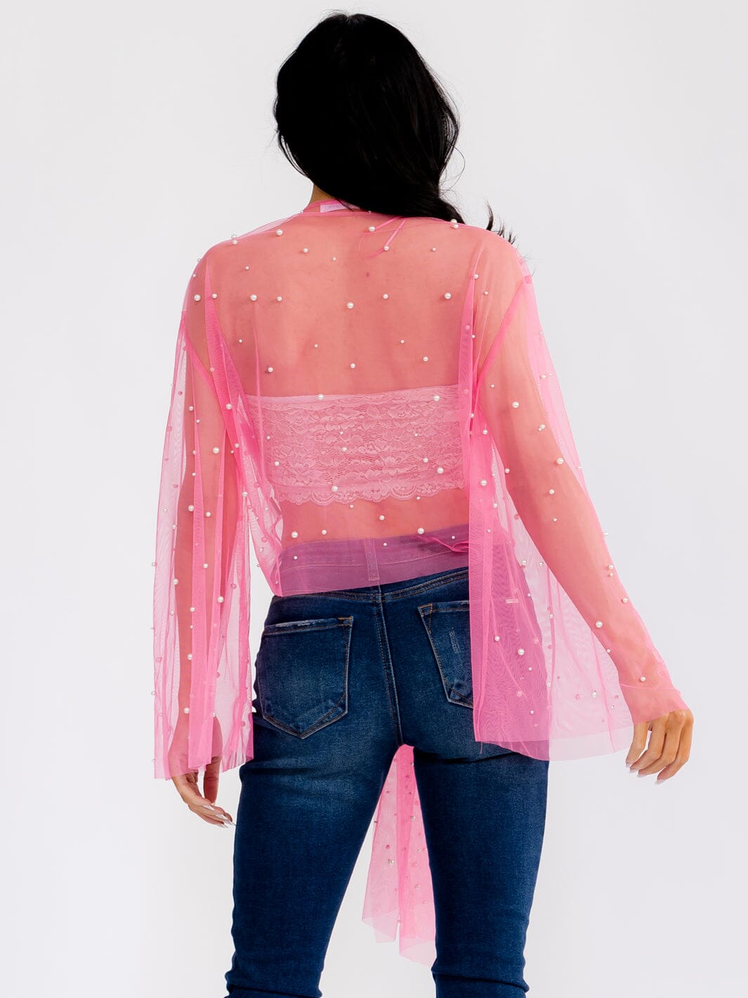 WOMEN'S LONG BELL SLEEVE OPEN FRONT PEARL DETAILED MESH CARDIGAN