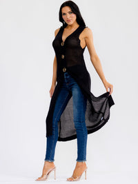 WOMEN'S SLEEVELESS V-NECK BUTTON CLOSURE CROCHET TOP