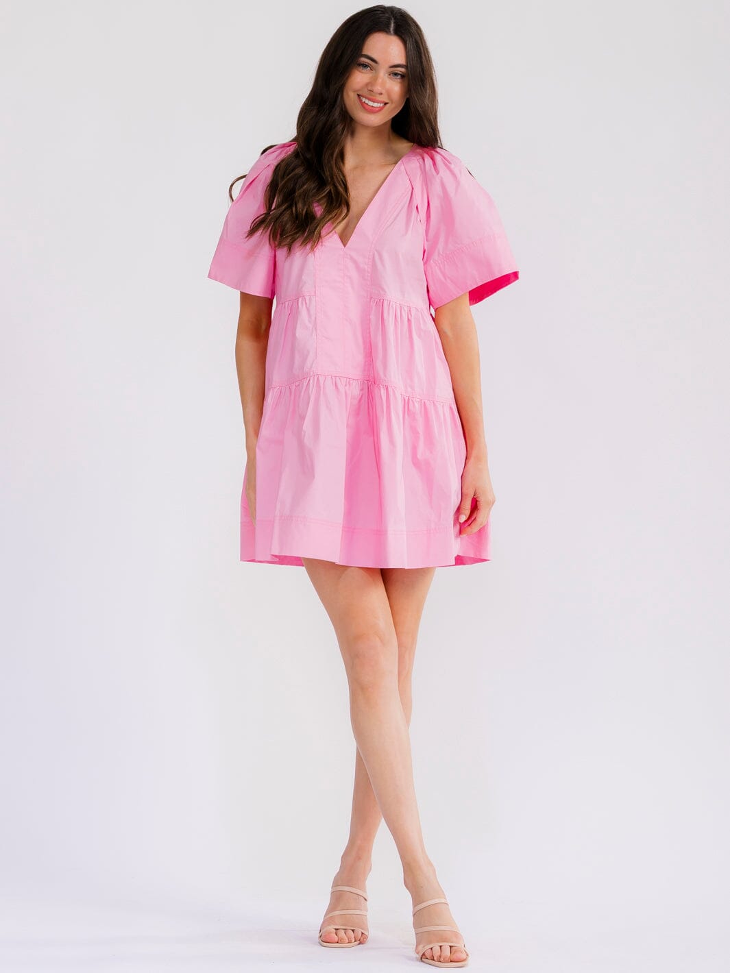 WOMEN'S SHORT SLEEVE V-NECK FRONT POCKETS TUNIC MINI DRESS