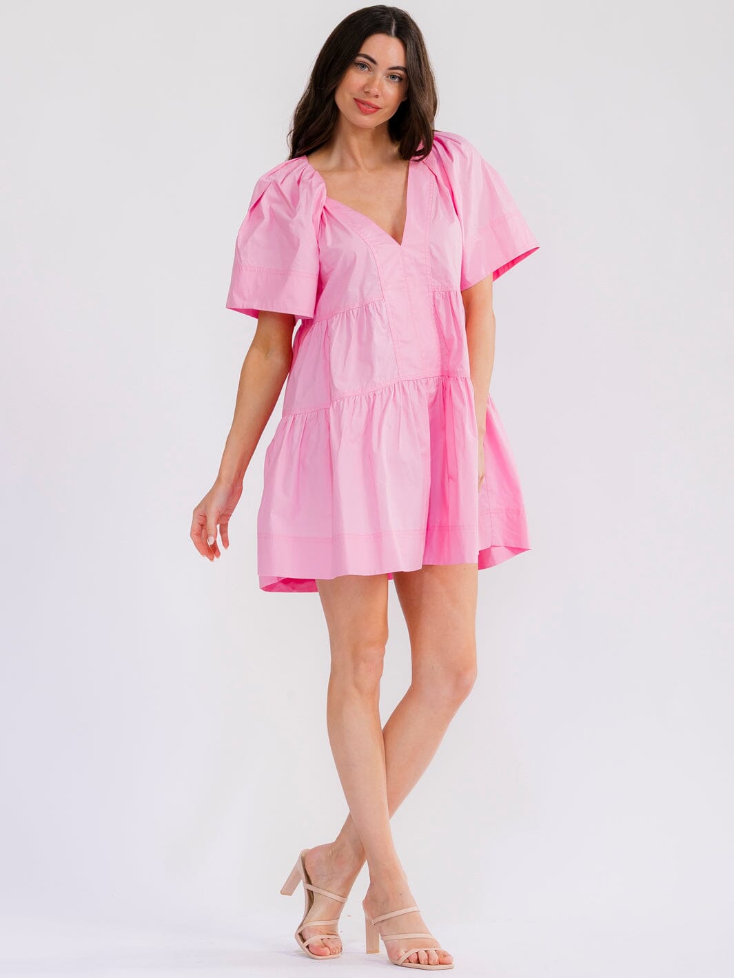 WOMEN'S SHORT SLEEVE V-NECK FRONT POCKETS TUNIC MINI DRESS