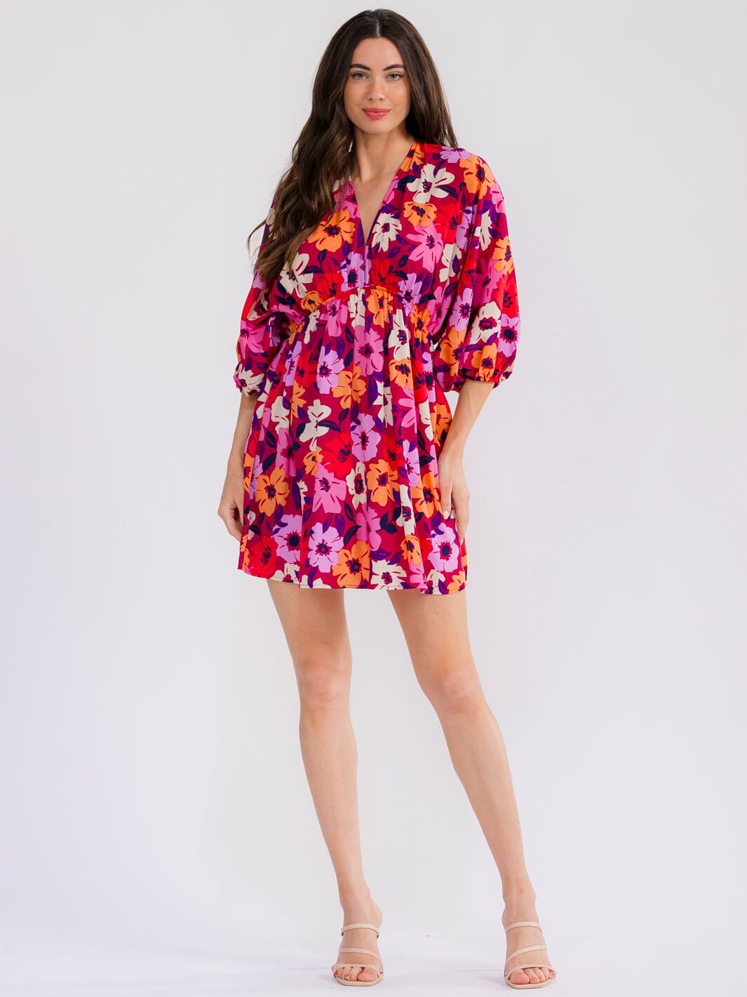 WOMEN'S SHORT SLEEVE V-NECK ELASTIC WAIST FLORAL MINI DRESS