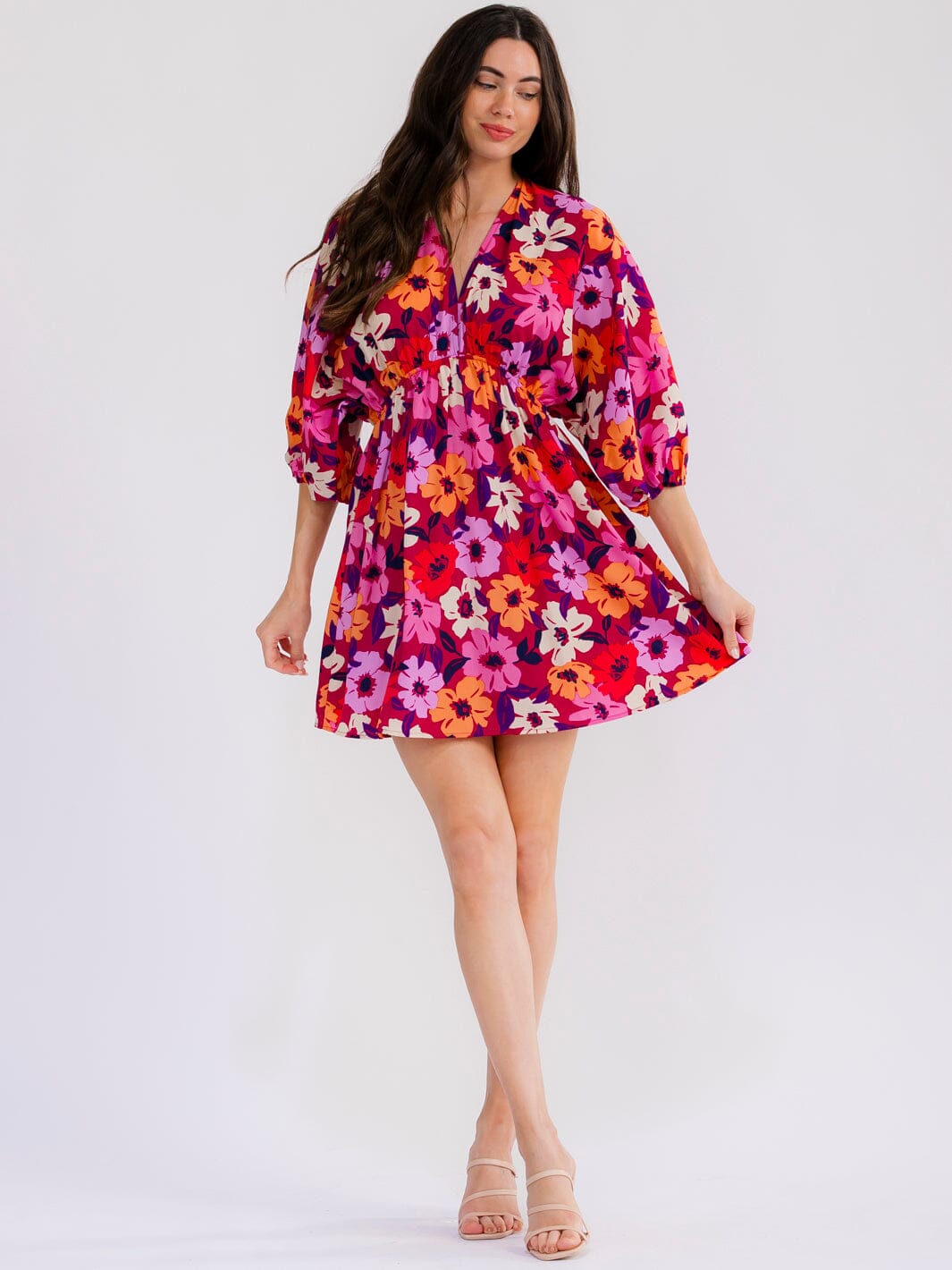 WOMEN'S SHORT SLEEVE V-NECK ELASTIC WAIST FLORAL MINI DRESS