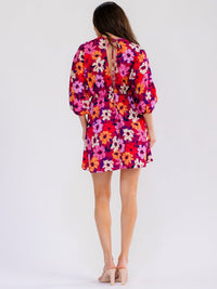 WOMEN'S SHORT SLEEVE V-NECK ELASTIC WAIST FLORAL MINI DRESS