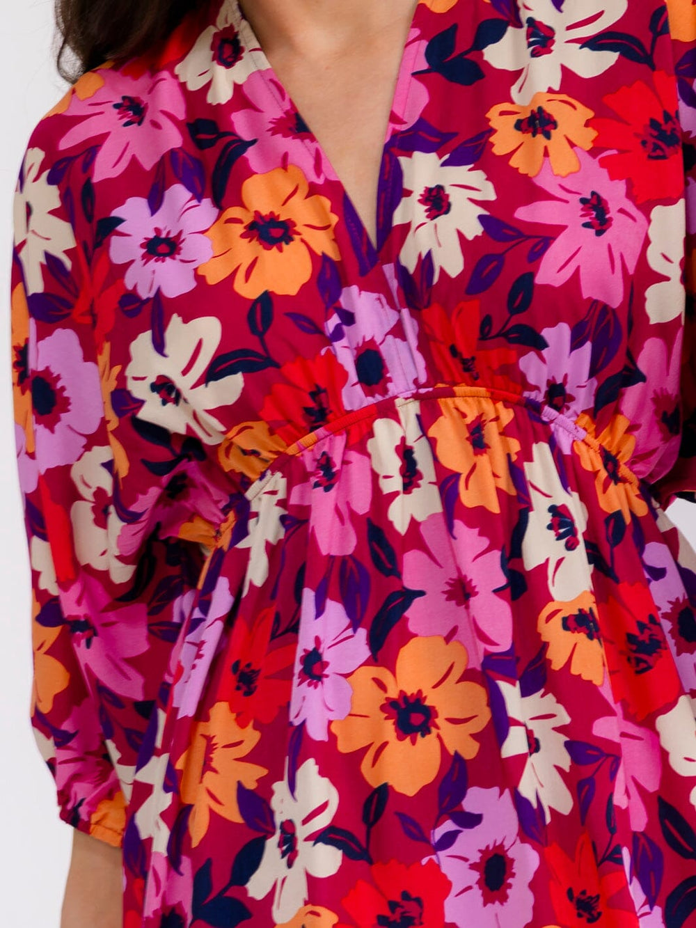 WOMEN'S SHORT SLEEVE V-NECK ELASTIC WAIST FLORAL MINI DRESS