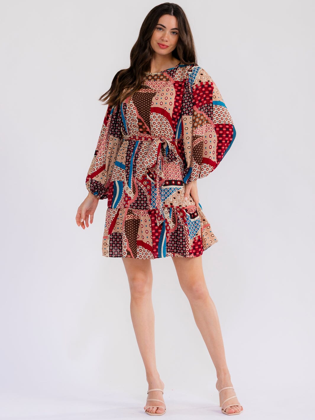 WOMEN'S LONG SLEEVE ELASTIC WAIST SELF TIE MULTI PRINT MINI DRESS