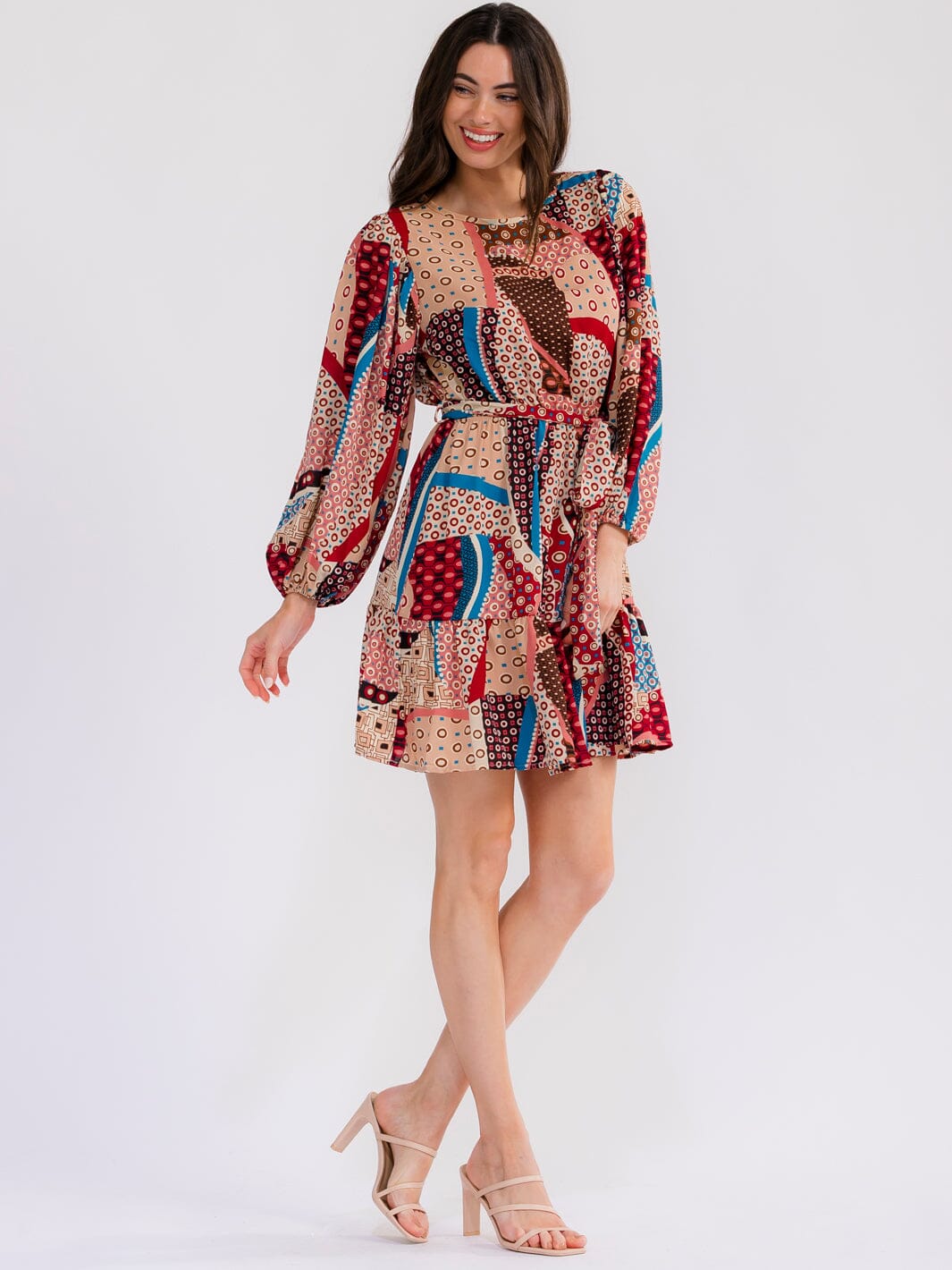 WOMEN'S LONG SLEEVE ELASTIC WAIST SELF TIE MULTI PRINT MINI DRESS