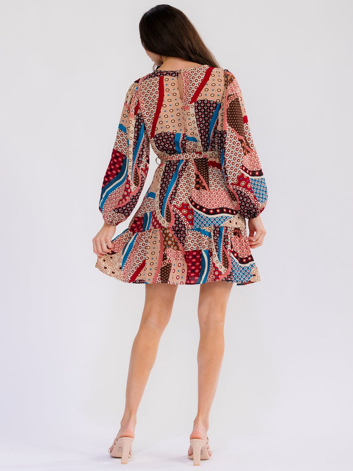 WOMEN'S LONG SLEEVE ELASTIC WAIST SELF TIE MULTI PRINT MINI DRESS