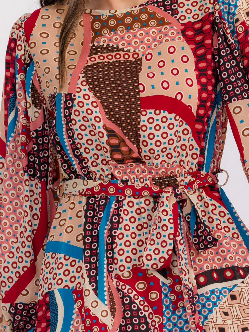 WOMEN'S LONG SLEEVE ELASTIC WAIST SELF TIE MULTI PRINT MINI DRESS