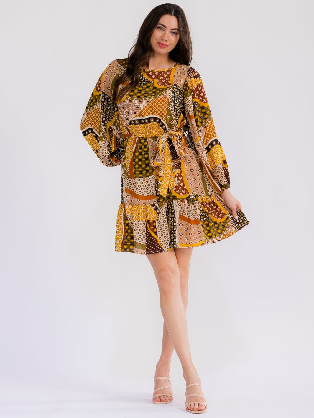 WOMEN'S LONG SLEEVE ELASTIC WAIST SELF TIE MULTI PRINT MINI DRESS