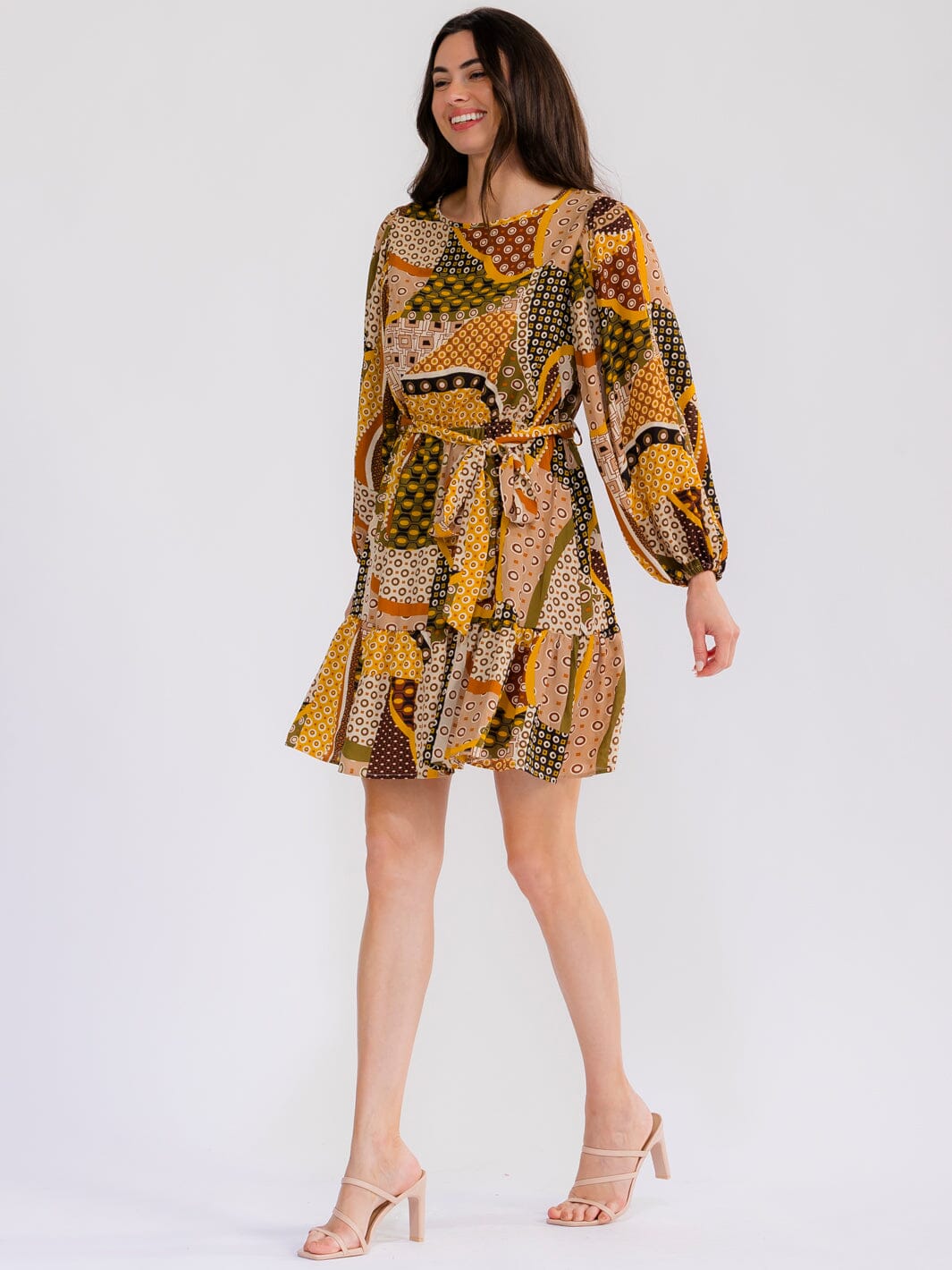 WOMEN'S LONG SLEEVE ELASTIC WAIST SELF TIE MULTI PRINT MINI DRESS