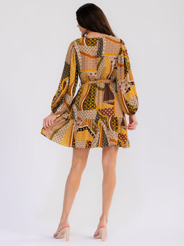 WOMEN'S LONG SLEEVE ELASTIC WAIST SELF TIE MULTI PRINT MINI DRESS