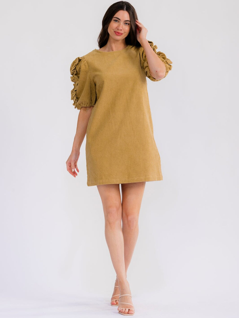 WOMEN'S SHORT PUFF SLEEVE FRONT POCKETS CORDUROY MINI DRESS
