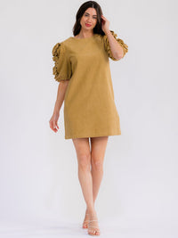 WOMEN'S SHORT PUFF SLEEVE FRONT POCKETS CORDUROY MINI DRESS