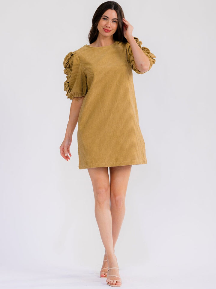 WOMEN'S SHORT PUFF SLEEVE FRONT POCKETS CORDUROY MINI DRESS