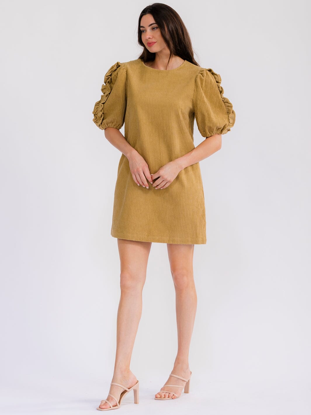 WOMEN'S SHORT PUFF SLEEVE FRONT POCKETS CORDUROY MINI DRESS