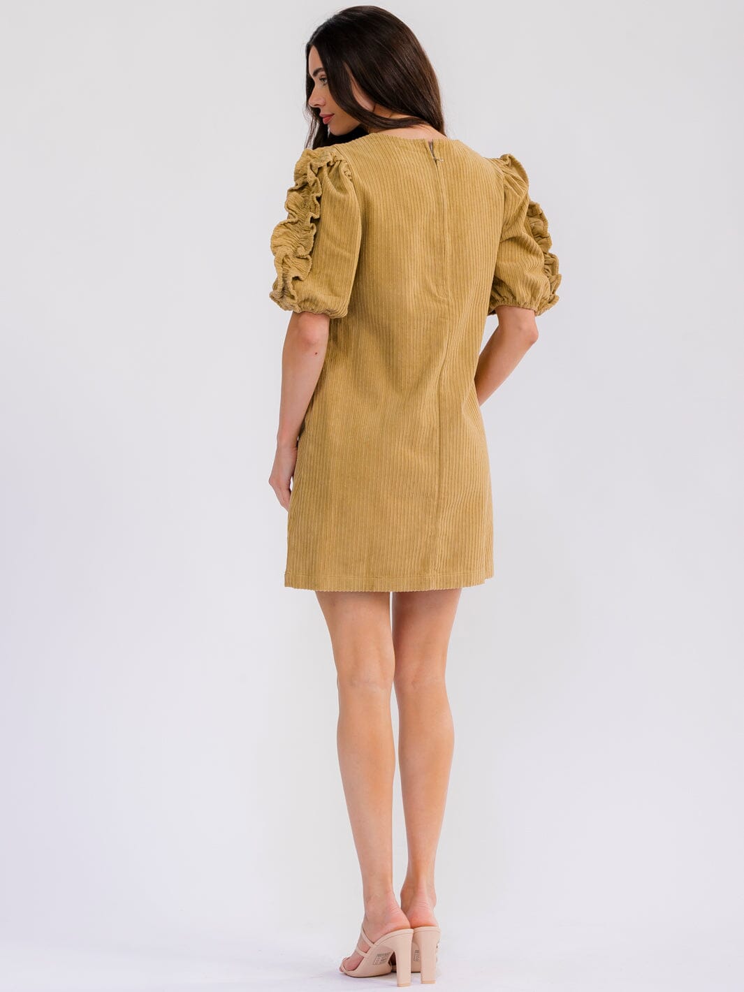 WOMEN'S SHORT PUFF SLEEVE FRONT POCKETS CORDUROY MINI DRESS