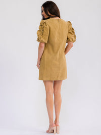 WOMEN'S SHORT PUFF SLEEVE FRONT POCKETS CORDUROY MINI DRESS