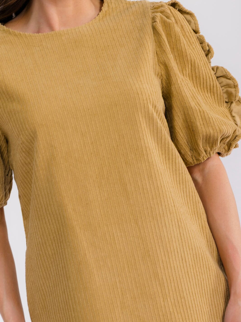 WOMEN'S SHORT PUFF SLEEVE FRONT POCKETS CORDUROY MINI DRESS