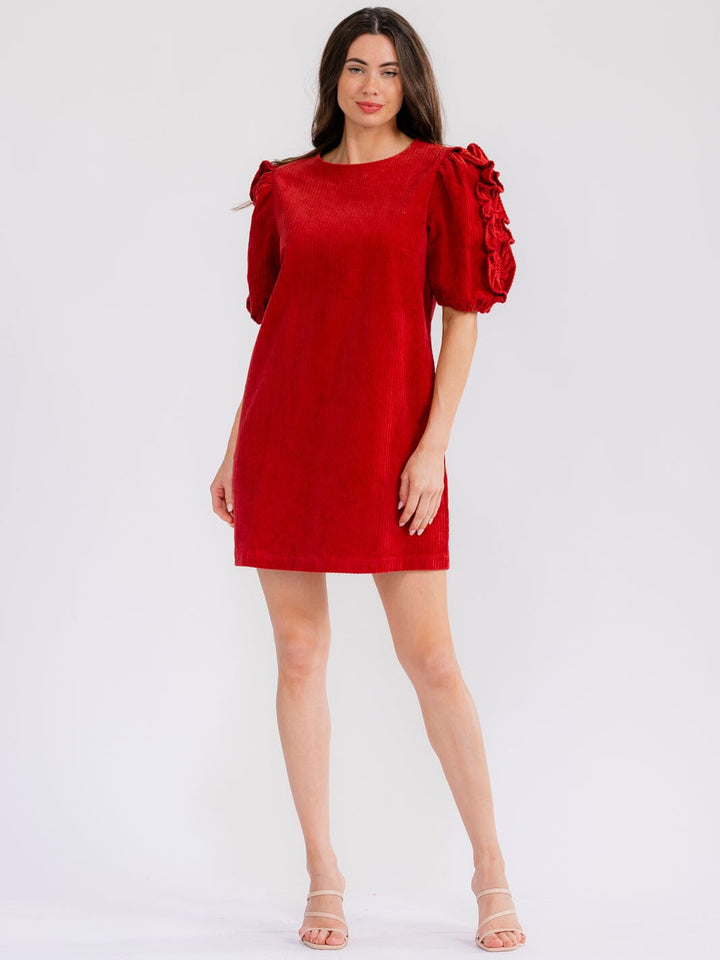 WOMEN'S SHORT PUFF SLEEVE FRONT POCKETS CORDUROY MINI DRESS