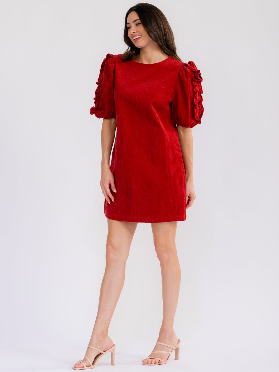 WOMEN'S SHORT PUFF SLEEVE FRONT POCKETS CORDUROY MINI DRESS