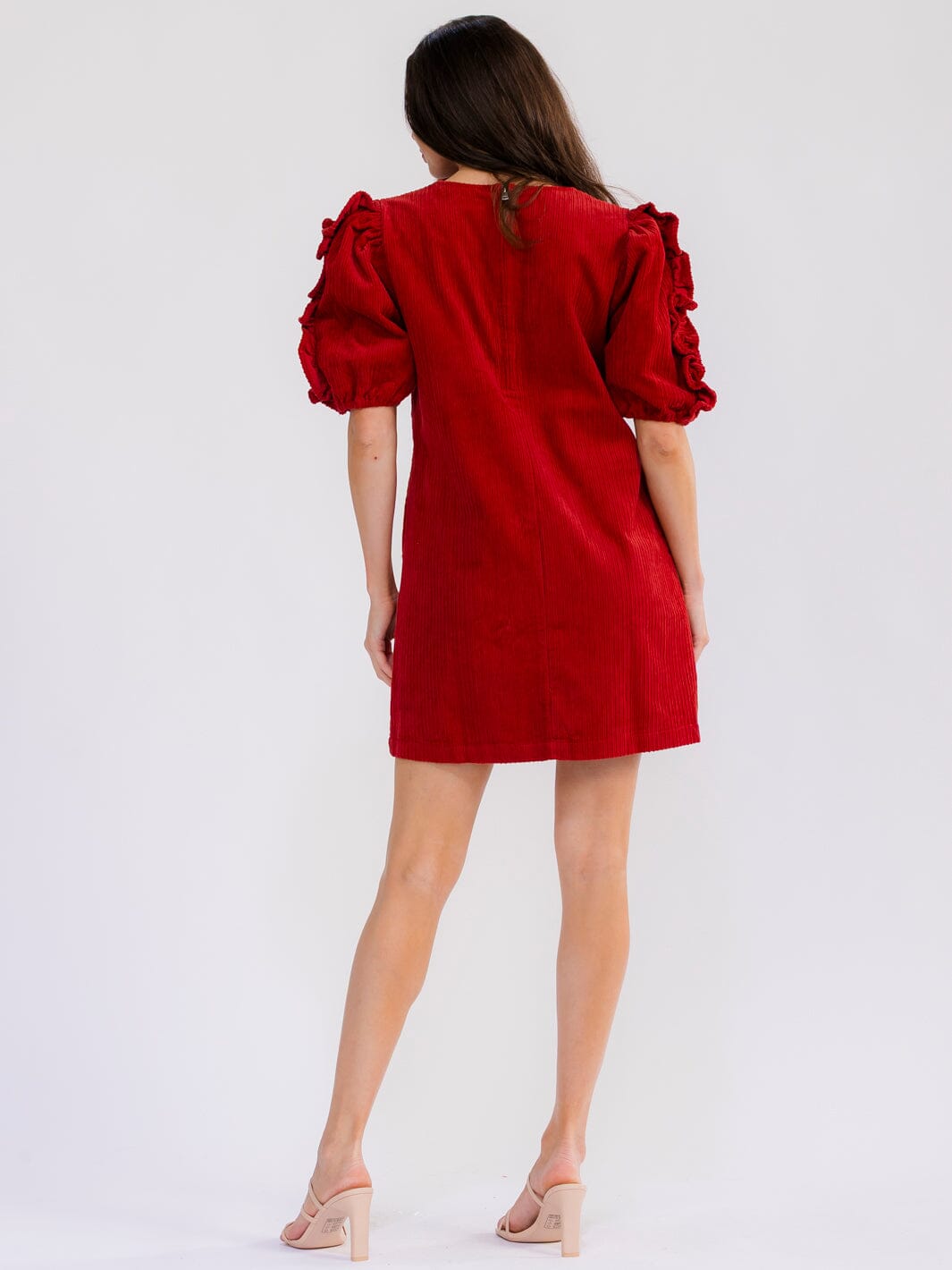 WOMEN'S SHORT PUFF SLEEVE FRONT POCKETS CORDUROY MINI DRESS