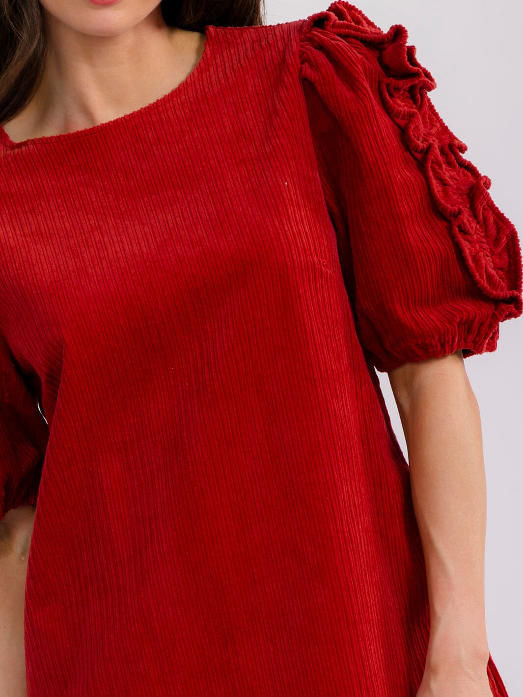 WOMEN'S SHORT PUFF SLEEVE FRONT POCKETS CORDUROY MINI DRESS