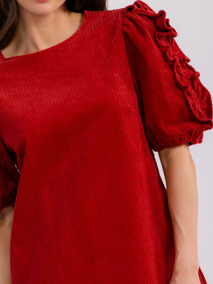 WOMEN'S SHORT PUFF SLEEVE FRONT POCKETS CORDUROY MINI DRESS