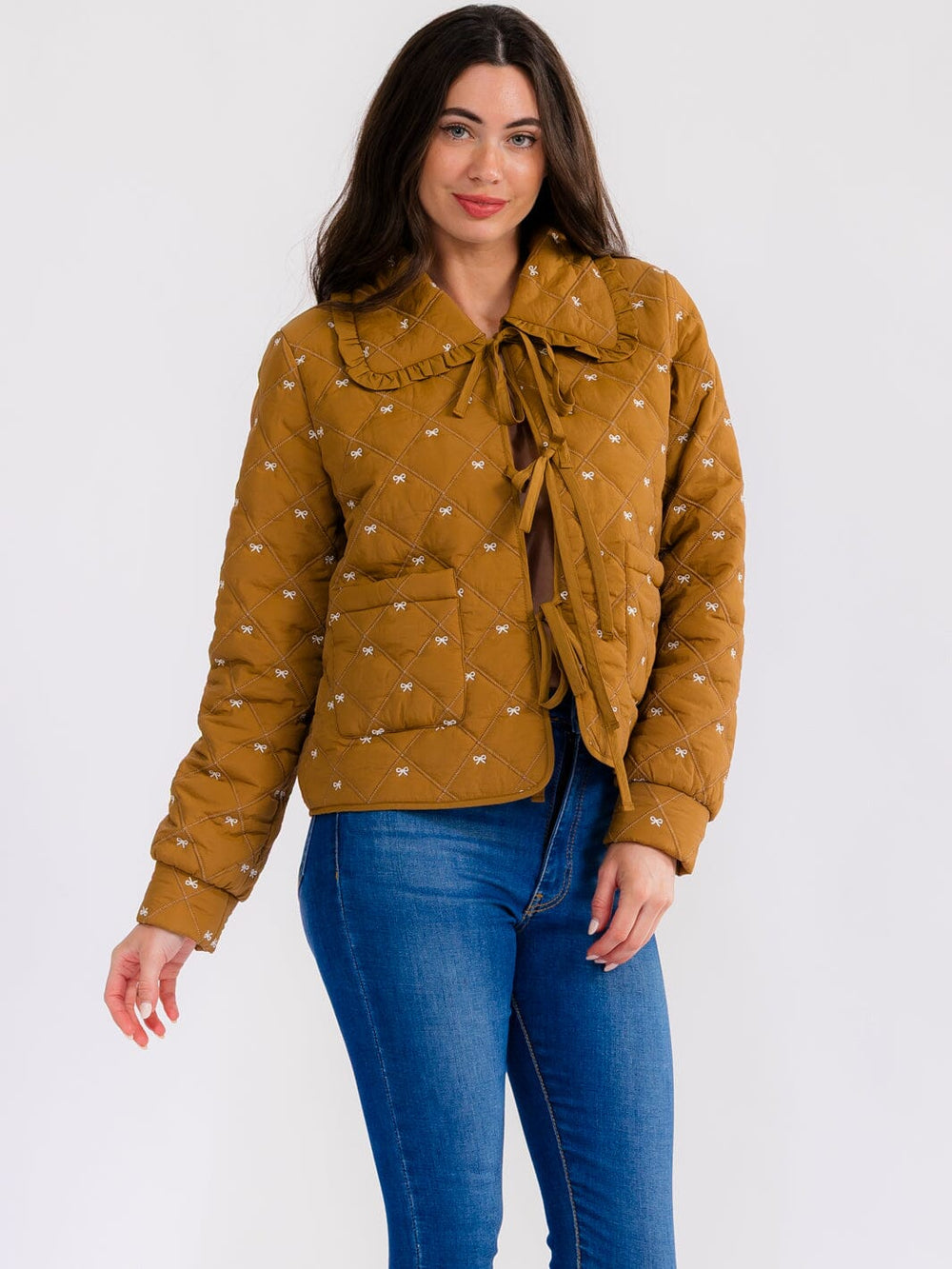 WOMEN'S LONG SLEEVE FRONT POCKETS BOWS EMBROIDERY JACKET