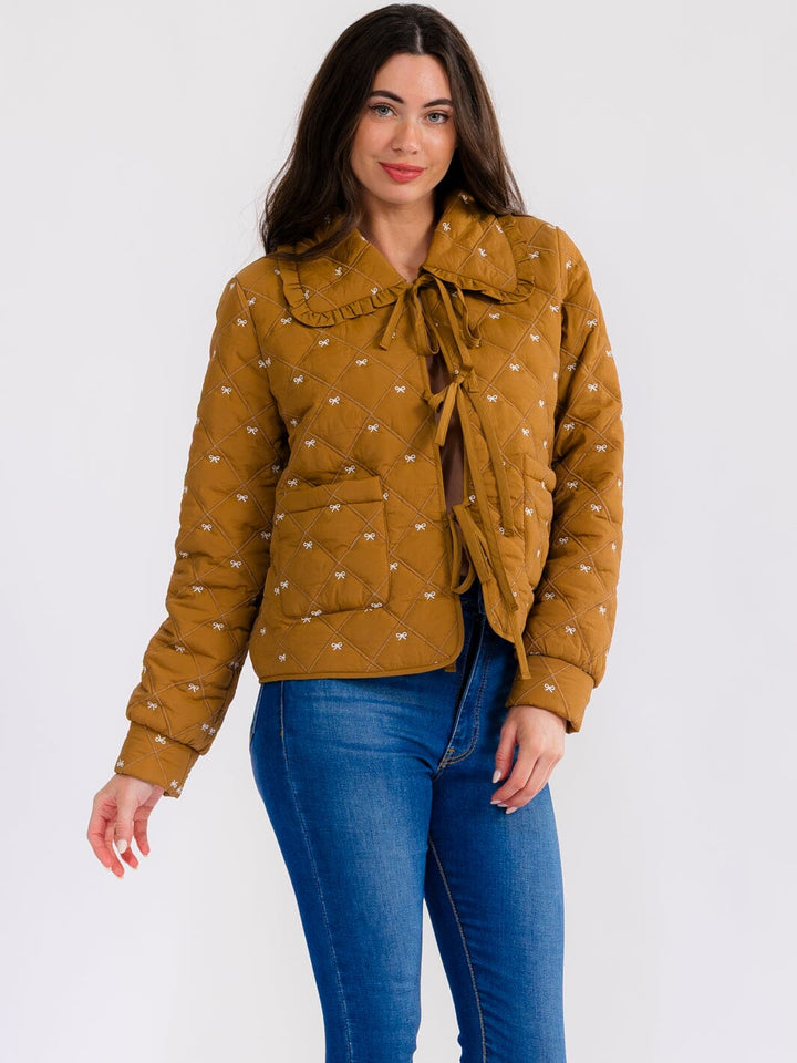 WOMEN'S LONG SLEEVE FRONT POCKETS BOWS EMBROIDERY JACKET