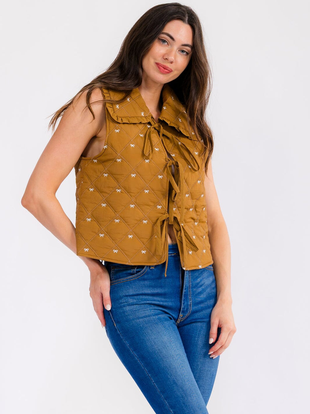 WOMEN'S SLEEVELESS FRONT TIE BOWS EMBROIDERY VEST