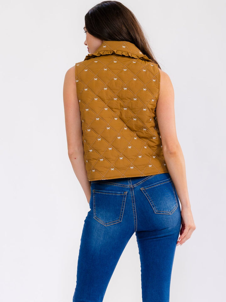 WOMEN'S SLEEVELESS FRONT TIE BOWS EMBROIDERY VEST