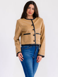 WOMEN'S LONG SLEEVE BUTTON CLOSURE FRONT POCKETS PU PLEATHER BLAZER