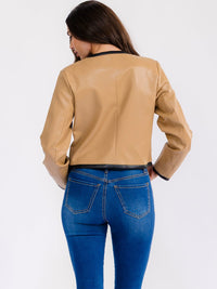 WOMEN'S LONG SLEEVE BUTTON CLOSURE FRONT POCKETS PU PLEATHER BLAZER
