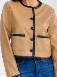 WOMEN'S LONG SLEEVE BUTTON CLOSURE FRONT POCKETS PU PLEATHER BLAZER