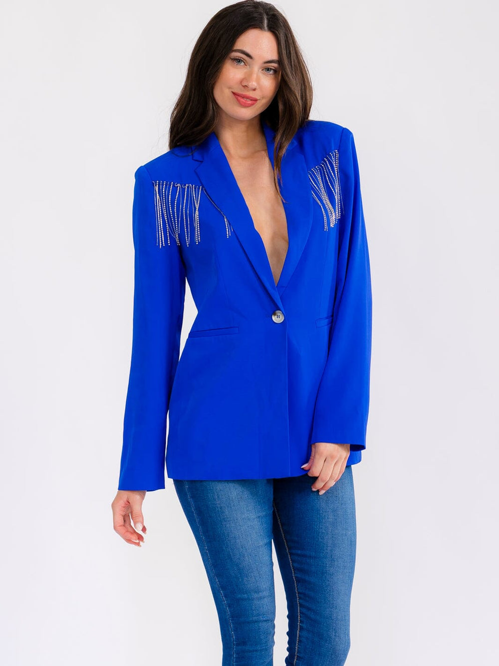 WOMEN'S LONG SLEEVE BUTTON CLOSURE FRONT POCKETS RHINESTONE FRINGE BLAZER